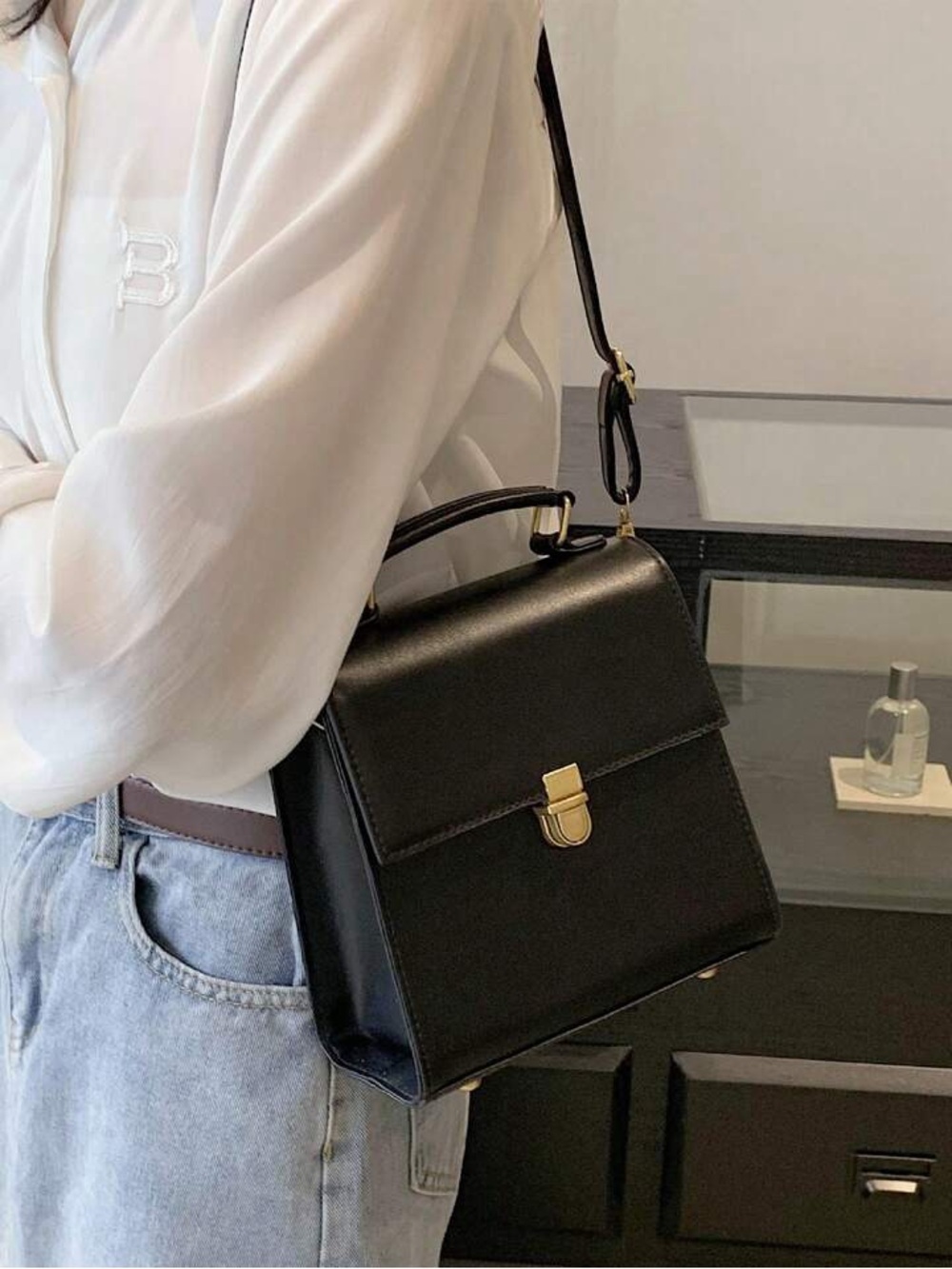 Black Structured Mini Backpack with Gold Hardware - Picture 2 of 7